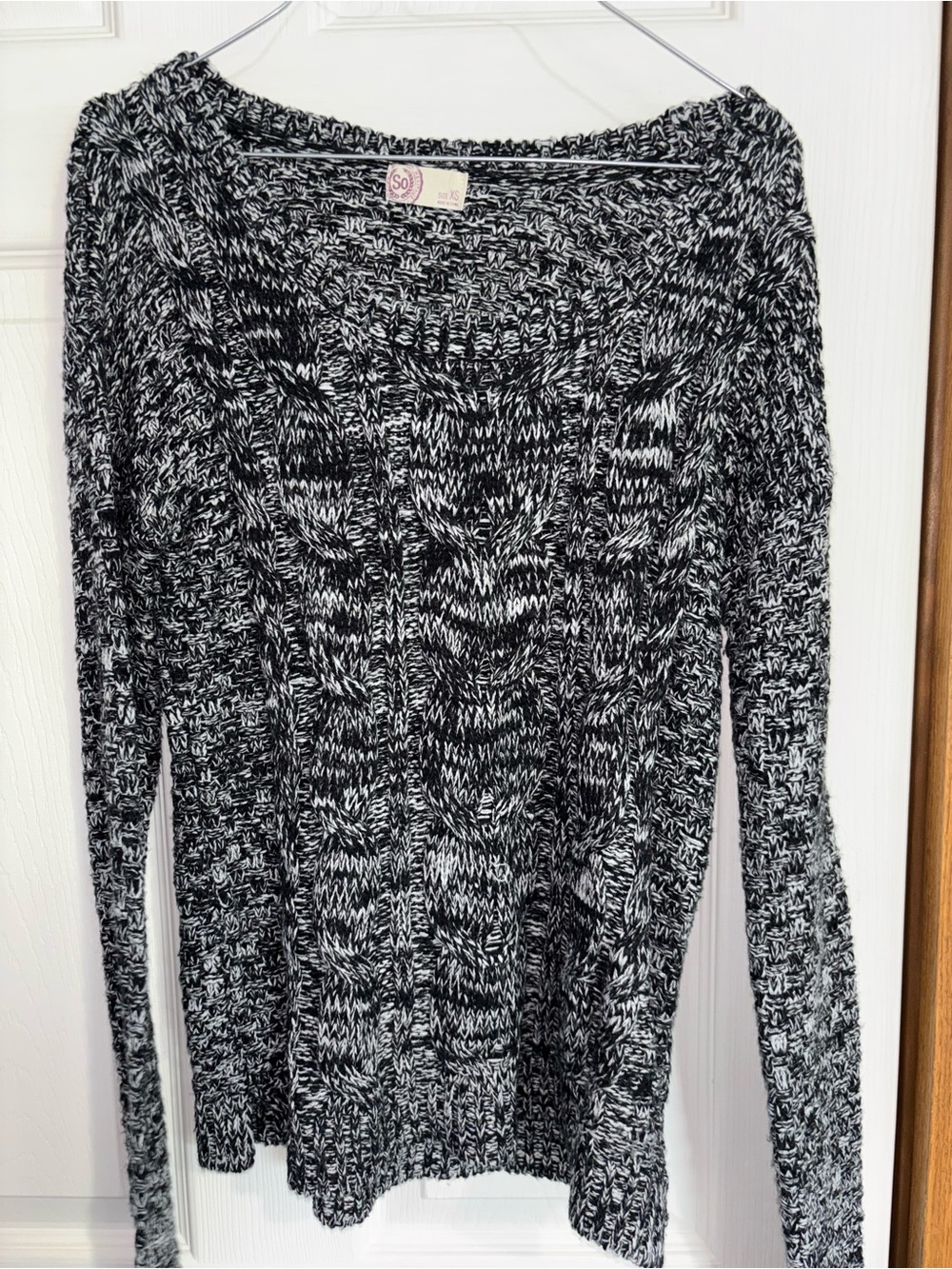 SO Black & White Marled Cable Scoop Neck Sweater